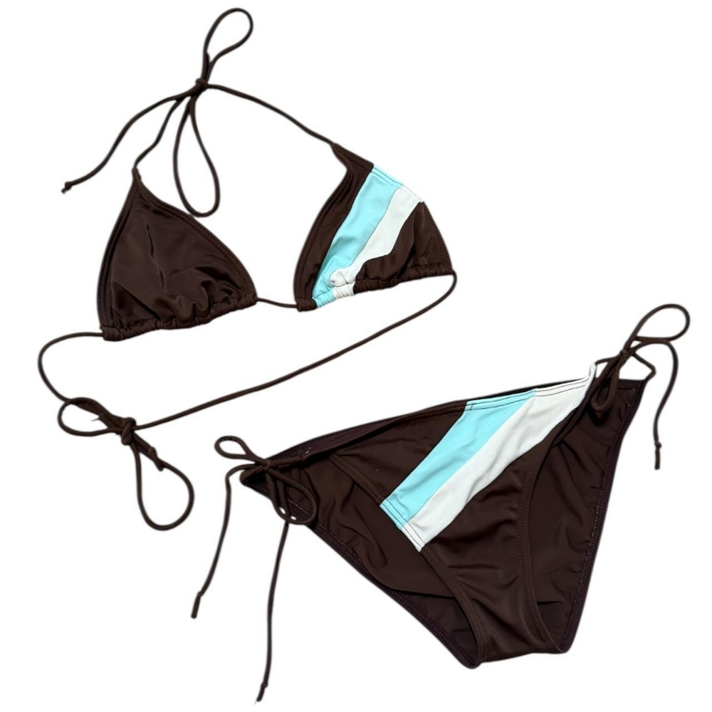 Billabong Women's Brown and Blue Striped Halter Neck Strap Bikini Set